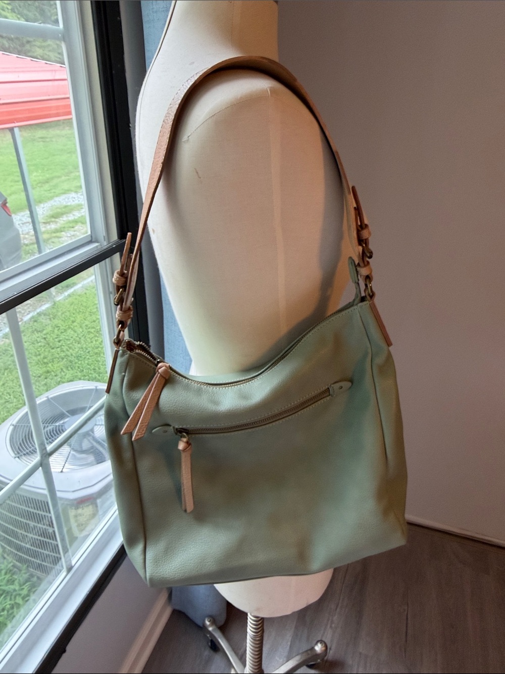 market and spruce Charolette Sage Leather Shoulder Bag with Tan Strap